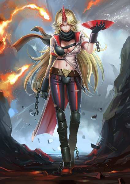 Anime picture 992x1404 with touhou hoshiguma yuugi dantewontdie single long hair tall image looking at viewer breasts blonde hair red eyes horn (horns) girl gloves black gloves belt scarf chain pants alcohol flame