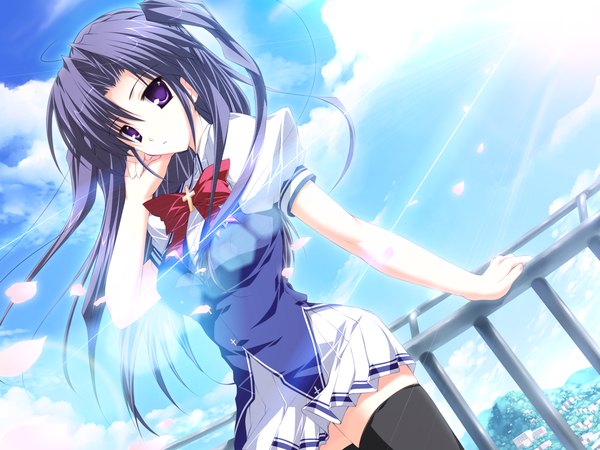 Anime picture 1512x1134 with lyrical lyric takami rin mikeou single long hair looking at viewer purple eyes twintails game cg sky purple hair cloud (clouds) wind sunlight dutch angle sunbeam girl thighhighs uniform black thighhighs