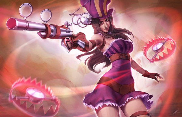 Anime picture 1024x663 with league of legends caitlyn (league of legends) ningyee7 single long hair brown hair brown eyes nail polish steam punk girl dress weapon hat belt fingerless gloves gun monocle