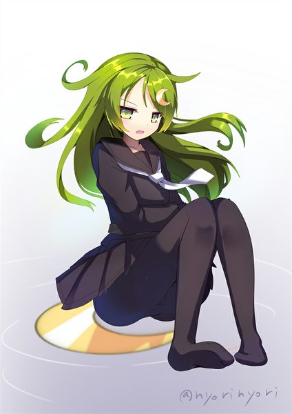 Anime picture 707x1000 with kantai collection nagatsuki destroyer nyori single long hair tall image looking at viewer fringe light erotic simple background sitting green eyes parted lips green hair wind no shoes gradient background girl uniform pantyhose
