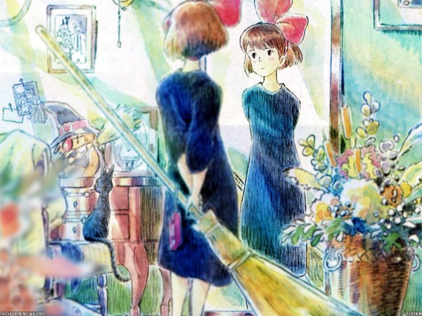 Anime picture 1600x1200 with kiki's delivery service studio ghibli kiki jiji short hair brown hair standing from behind back reflection girl dress bow hair bow black dress cat chair bouquet mirror broom