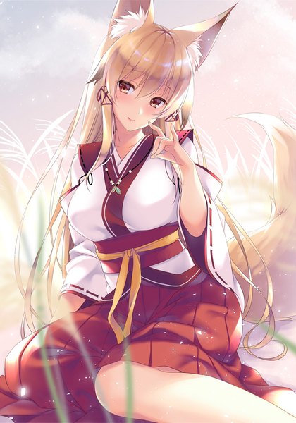 Anime picture 700x1000 with tenkiame kon (tenkiame) ayase hazuki single long hair tall image looking at viewer blush fringe breasts blonde hair smile hair between eyes large breasts sitting animal ears outdoors tail traditional clothes japanese clothes