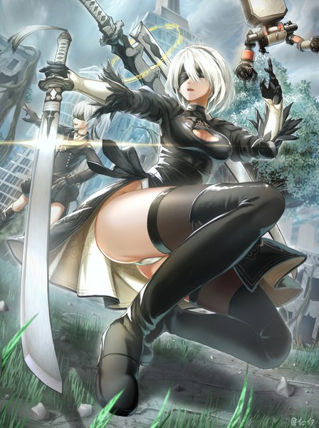 Anime picture 756x1013 with nier nier:automata yorha no. 2 type b pod (nier:automata) yorha no. 9 type s iroia tall image short hair open mouth light erotic holding signed sky cleavage cloud (clouds) bent knee (knees) outdoors ass white hair arm up