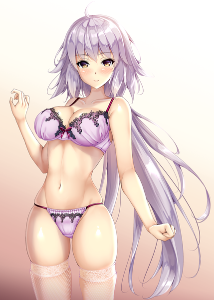 Anime picture 1431x2000 with fate (series) fate/grand order jeanne d'arc (fate) (all) jeanne d'arc alter (fate) fukuda shuushi single tall image looking at viewer blush fringe breasts light erotic simple background smile hair between eyes large breasts standing bare shoulders brown eyes payot