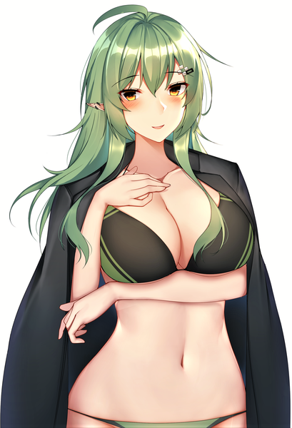 Anime picture 1328x1947 with arknights gavial (arknights) kitsune udon (ai br) single long hair tall image looking at viewer blush fringe breasts light erotic simple background smile hair between eyes large breasts standing white background yellow eyes payot ahoge
