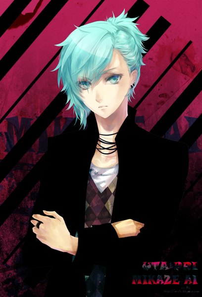 Anime picture 1120x1645 with uta no prince-sama a-1 pictures mikaze ai stells single tall image looking at viewer short hair aqua eyes aqua hair piercing crossed arms rhombus boy ring