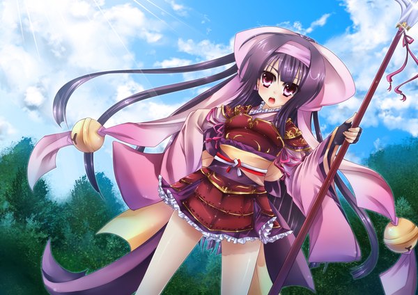 Anime picture 2338x1653 with original tomcho (artist) single long hair highres open mouth purple hair cloud (clouds) pink eyes girl ribbon (ribbons) weapon hair ribbon