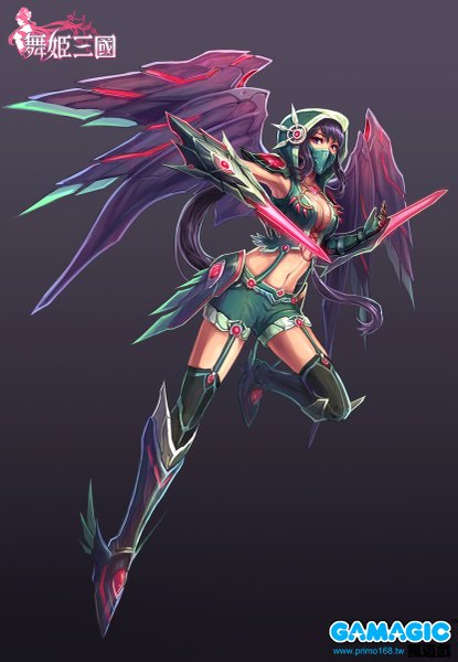 Anime picture 831x1200 with original haoni single long hair tall image simple background purple eyes purple hair armpit (armpits) dark background assassin girl thighhighs gloves navel weapon black thighhighs wings shorts hood