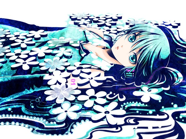 Anime picture 1334x1000 with vocaloid hatsune miku wool (kurokrkr) single long hair looking at viewer twintails aqua eyes aqua hair afloat girl ribbon (ribbons) hair ribbon detached sleeves headphones flower (symbol)