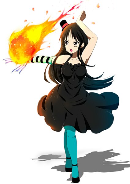 Anime picture 800x1130 with k-on! kyoto animation akiyama mio ragho no erika single long hair tall image open mouth black hair simple background black eyes shadow girl dress hat fire mini hat mini top hat