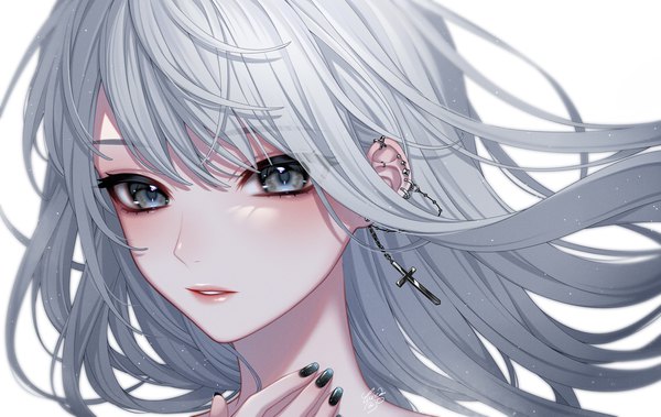 Anime picture 1300x822 with original ca yu single long hair fringe simple background hair between eyes white background signed looking away silver hair nail polish parted lips wind grey eyes piercing portrait ear piercing face black nail polish