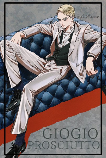 Anime picture 1181x1748 with jojo no kimyou na bouken prosciutto hagiko single tall image short hair blonde hair signed looking away full body dutch angle character names reclining framed fashion boy bowtie vest couch suit