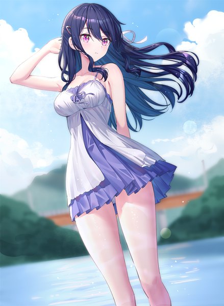 Anime picture 879x1200 with kamisama ni natta hi p.a. works izanami kyouko ririko (zhuoyandesailaer) single long hair tall image looking at viewer blush fringe breasts light erotic black hair standing purple eyes bare shoulders sky cleavage cloud (clouds) outdoors