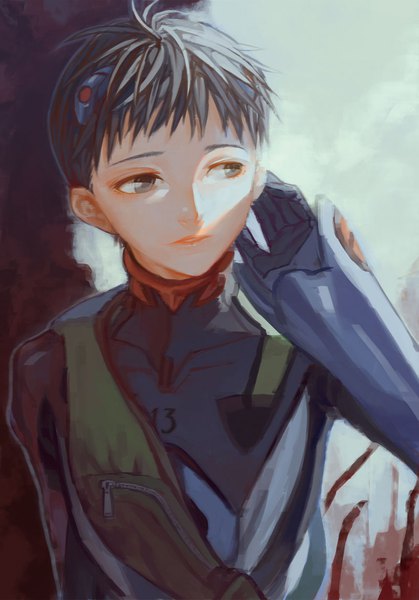 Anime picture 800x1144 with neon genesis evangelion gainax ikari shinji shaliva single tall image short hair black hair looking away upper body parted lips arm up shadow grey eyes boy bag bodysuit zipper shoulder bag pilot suit