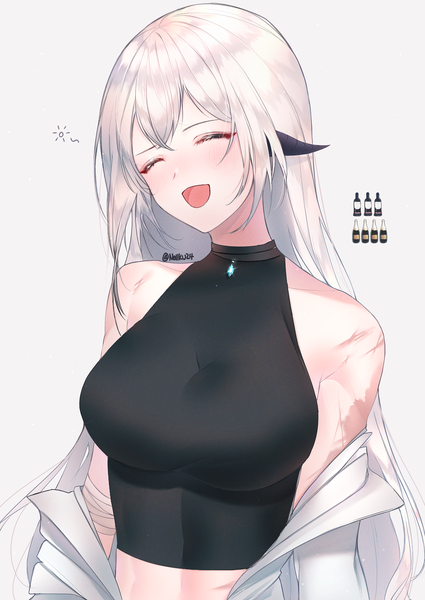 Anime picture 2000x2821 with final fantasy final fantasy xiv square enix au ra nellku24 single long hair tall image blush fringe highres breasts simple background smile large breasts white background bare shoulders signed upper body eyes closed