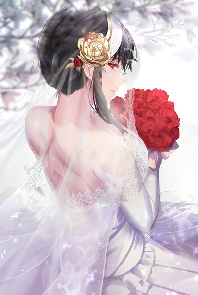 Anime picture 1718x2550 with spy x family yor briar eriasii single long hair tall image looking at viewer blush fringe highres breasts black hair smile hair between eyes red eyes large breasts standing bare shoulders holding payot