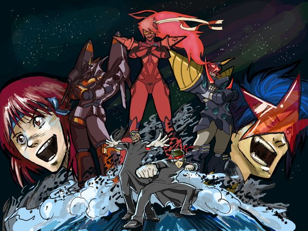 Anime picture 4000x3000 with tengen toppa gurren lagann top wo nerae 2! diebuster gunbuster osu! tatakae! ouendan gainax simon takaya noriko gurren-lagann buster machine 7 lord genome drawfag highres absurdres space crossover epic manly ouendan gunbuster (robot) koichiro ohta