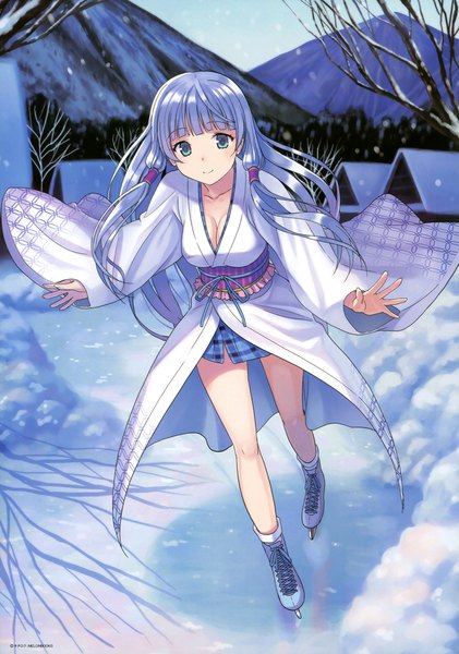 Anime picture 2664x3800 with melonbooks kichiroku single long hair tall image looking at viewer fringe highres blue eyes blue hair blunt bangs traditional clothes japanese clothes scan official art winter snow bare tree girl plant (plants)