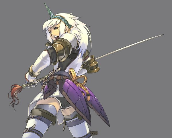 Anime picture 1127x907 with monster hunter blue eyes white hair girl sword