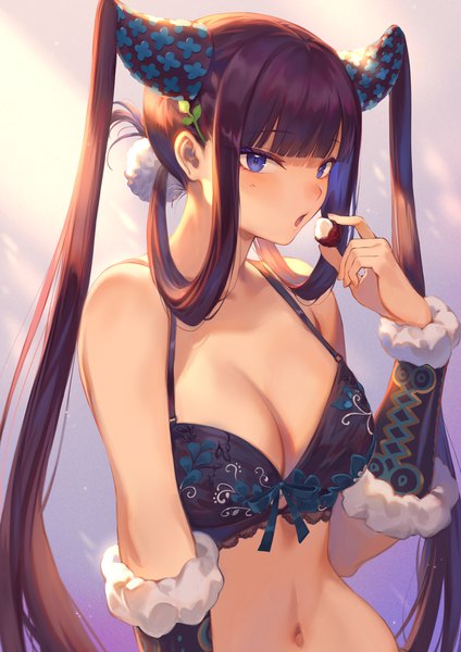 Anime picture 1592x2251 with fate (series) fate/grand order yang guifei (fate) mashuu (neko no oyashiro) single long hair tall image looking at viewer blush fringe breasts open mouth blue eyes light erotic simple background large breasts twintails holding cleavage purple hair