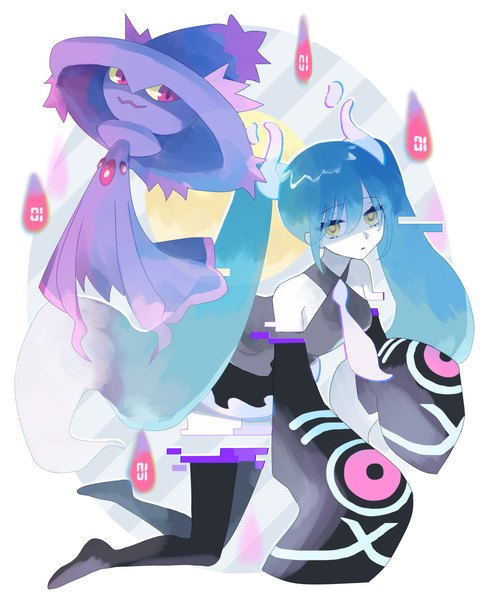 Anime picture 972x1200 with pokemon vocaloid nintendo project voltage hatsune miku mismagius ghost miku (project voltage) meijoo single long hair tall image looking at viewer fringe hair between eyes twintails yellow eyes blue hair long sleeves gen 4 pokemon girl