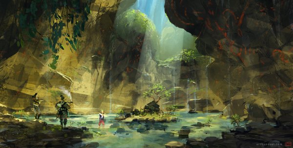 Anime picture 1100x559 with original paberu (pixiv) wide image smoke landscape girl boy plant (plants) tree (trees) water cave