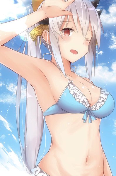 Anime picture 792x1200 with fate (series) fate/grand order kiyohime (fate) kiyohime (swimsuit lancer) (fate) yuzuzukushi single tall image looking at viewer blush fringe breasts open mouth light erotic hair between eyes red eyes large breasts standing bare shoulders payot sky