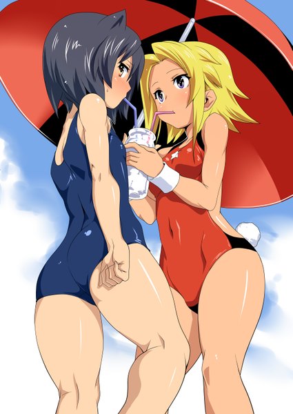 Anime picture 4299x6070 with arcana heart daidouji kira catherine kyoubashi orochi itto tall image highres short hair light erotic black hair blonde hair red eyes purple eyes multiple girls absurdres shared umbrella girl 2 girls swimsuit umbrella