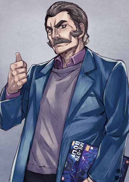Anime picture 850x1200 with mobile suit gundam gundam build fighters sunrise (studio) gouf ral-san matsuryuu single tall image looking at viewer short hair brown hair brown eyes thumbs up boy mustache magazine