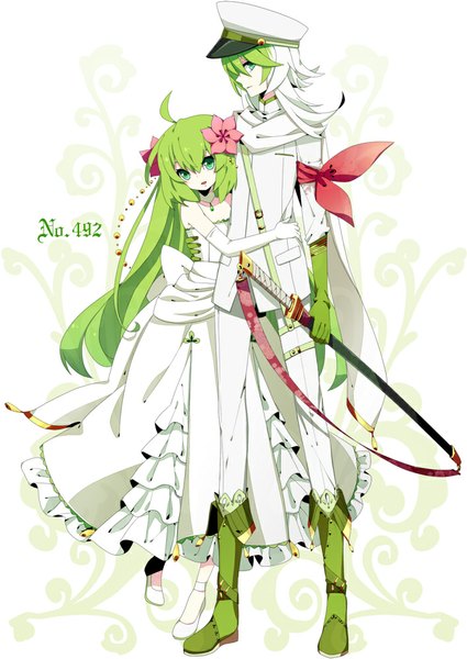 Anime picture 708x1000 with pokemon nintendo shaymin merlusa long hair tall image looking at viewer short hair bare shoulders green eyes multicolored hair hair flower green hair two-tone hair personification gen 4 pokemon pokemon number girl dress boy