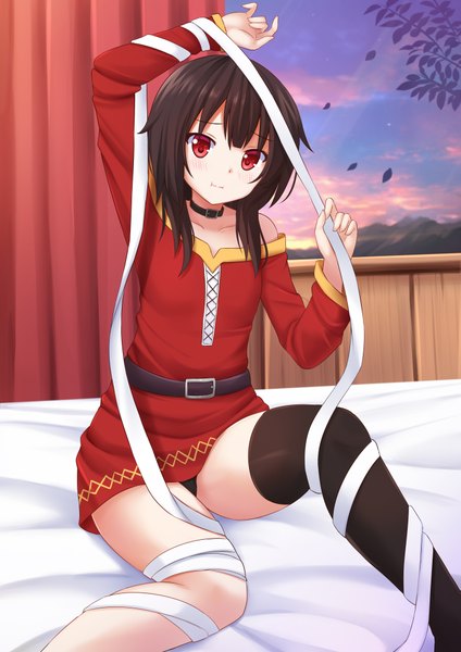 Anime picture 2893x4092 with kono subarashii sekai ni shukufuku wo! studio deen megumin kazenokaze single long hair tall image looking at viewer blush fringe highres light erotic red eyes brown hair bare shoulders payot sky cloud (clouds) ahoge bent knee (knees)