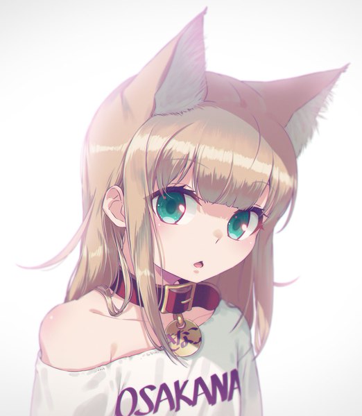 Anime picture 1500x1723 with original kinako (iyapan) 40hara single long hair tall image looking at viewer blush fringe open mouth simple background blonde hair white background green eyes animal ears upper body blunt bangs cat ears off shoulder :o