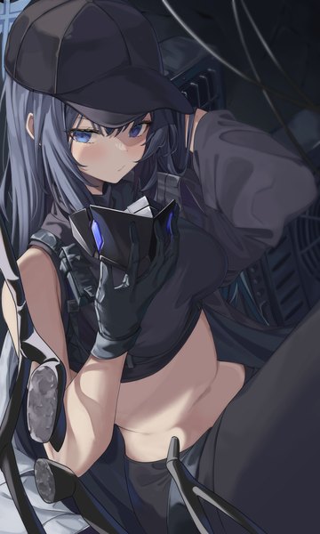 Anime picture 4500x7500 with blue archive saori (blue archive) hayaku koko single long hair tall image fringe highres blue eyes black hair hair between eyes sitting holding absurdres from above midriff girl gloves black gloves mask