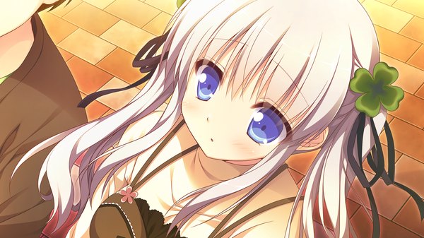 Anime-Bild 1280x720 mit clover day's long hair blush blue eyes wide image twintails game cg white hair girl dress ribbon (ribbons) hair ribbon