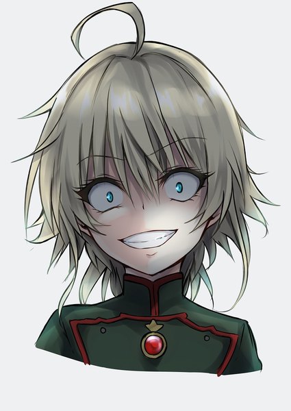 Anime picture 724x1023 with youjo senki tanya degurechaff saya-tatsuno single tall image looking at viewer fringe short hair open mouth blue eyes blonde hair simple background smile hair between eyes ahoge grey background portrait military crazy smile crazy eyes