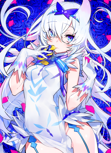 Anime picture 874x1200 with original mika pikazo single long hair tall image looking at viewer fringe breasts blue eyes light erotic standing holding white hair hair over one eye sleeveless no panties floating hair eating floral background girl