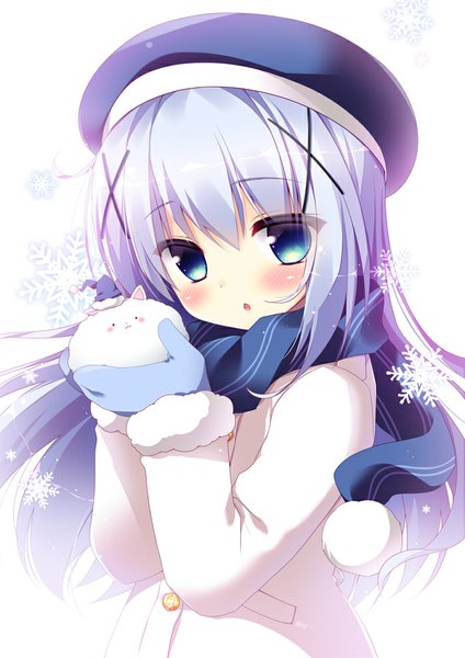 Anime picture 700x991 with gochuumon wa usagi desu ka? white fox kafuu chino sasai saji single long hair tall image blush blue eyes white background purple hair :o fur trim girl hat scarf fur x hair ornament beret snowflake (snowflakes)