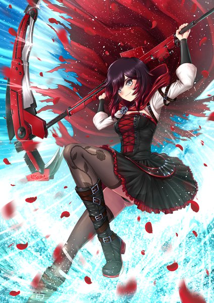 Anime picture 1240x1754 with rwby rooster teeth ruby rose adsouto single tall image blush fringe short hair breasts light erotic black hair smile hair between eyes holding signed sky full body bent knee (knees) red hair