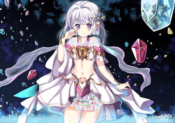 Anime picture 1000x707 with shironeko project tina (shironeko project) xiaoye da mao single blush fringe short hair smile standing purple eyes signed silver hair bare belly midriff reflection girl skirt navel hair ornament crystal