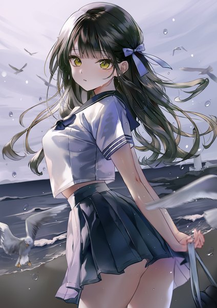 Anime picture 5787x8185 with original minncn single long hair tall image looking at viewer fringe highres light erotic black hair standing holding green eyes absurdres cloud (clouds) outdoors blunt bangs pleated skirt wind mole