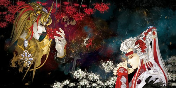 Anime picture 1000x500 with tagme (artist) long hair blonde hair red eyes wide image white hair red hair eyes closed profile multicolored hair horn (horns) two-tone hair multiple boys dark background boy hair ornament flower (flowers) headdress armor 2 boys