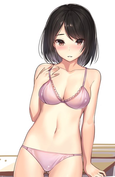 Anime picture 1172x1805 with original kagematsuri single tall image looking at viewer blush short hair breasts light erotic black hair white background brown eyes embarrassed underwear only ass visible through thighs girl navel underwear panties lingerie