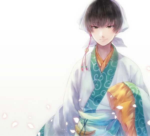 Anime picture 1000x906 with hoozuki no reitetsu wit studio hakutaku (hoozuki no reitetsu) yoi hk single looking at viewer fringe short hair black hair simple background smile white background green eyes traditional clothes japanese clothes wide sleeves glow boy earrings petals