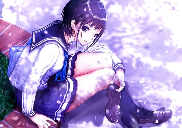 Anime picture 1273x900 with original konekoneko (indonesia) single short hair black hair sitting payot looking away from above black eyes shoes removed girl skirt uniform miniskirt petals socks serafuku shoes black socks