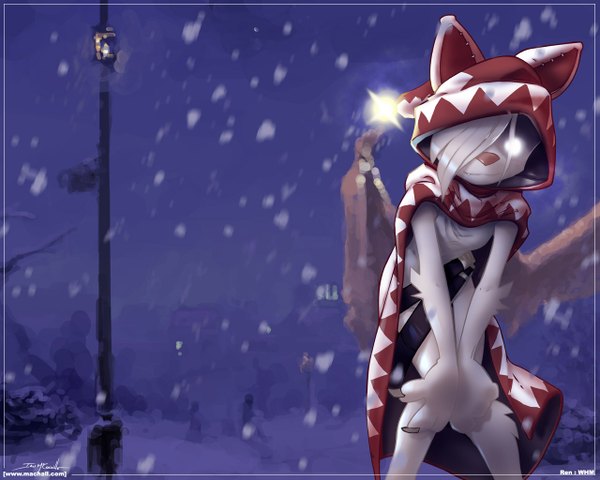 Anime-Bild 1280x1024 mit final fantasy square enix white mage ian mcconville single fringe signed white hair hair over one eye night leaning leaning forward glowing snowing winter blue background snow glowing eye (eyes) animal hood hood