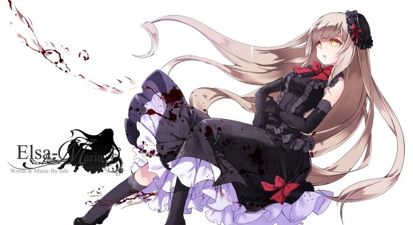 Anime picture 1200x654 with vocaloid mayu (vocaloid) yuuki kira single long hair blonde hair wide image yellow eyes girl dress gloves hat socks elbow gloves black socks blood