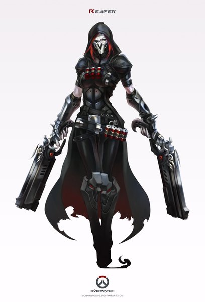 Anime picture 2384x3508 with overwatch blizzard entertainment reaper (overwatch) monori rogue single tall image looking at viewer highres simple background green eyes grey background genderswap girl weapon belt gun hood mask pistol