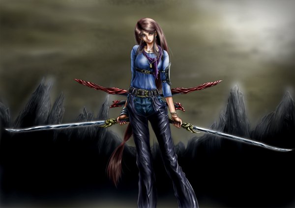 Anime picture 1200x848 with original blush response (artist) single long hair blue eyes black hair girl weapon sword pendant