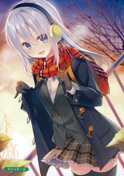 Anime picture 2472x3500 with melonbooks takei ooki single long hair tall image looking at viewer blush highres open mouth blue eyes smile silver hair outdoors scan open jacket plaid skirt girl thighhighs skirt gloves