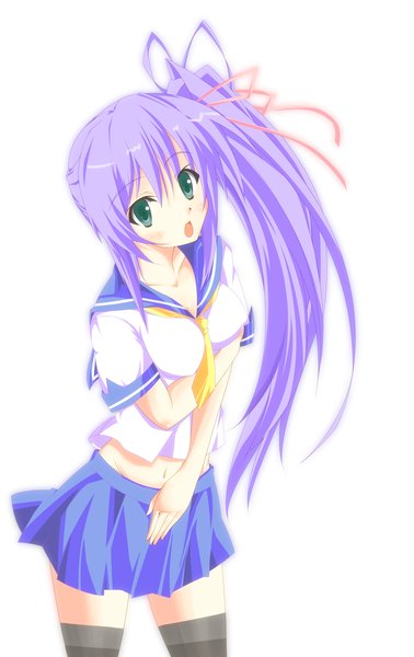 Anime picture 1900x3009 with original n.fox single long hair tall image blush highres open mouth light erotic simple background white background green eyes purple hair ponytail zettai ryouiki side ponytail girl thighhighs skirt black thighhighs